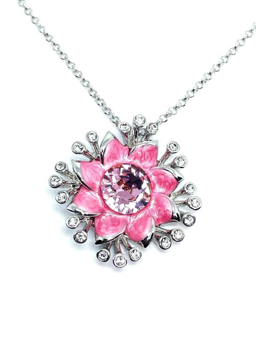 Sunflower Centerpiece Statement Pendant Necklace, Pink Austrian Crystals, 25.5"